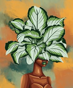 a painting of a potted plant with green leaves on it's head in front of an orange and yellow background