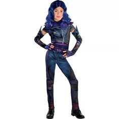 a woman in blue hair and black catsuits is posing for the camera with her hands on her hips