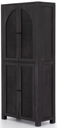 a black cabinet with two doors and one door open