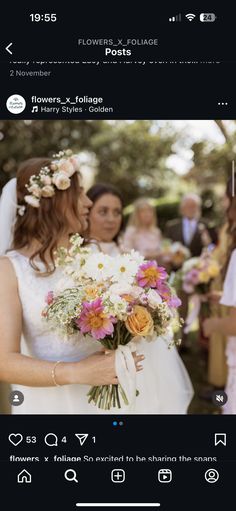 the bride is holding her bouquet and looking at another woman in front of her on instagram