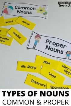 the types of nouns in common and proper words are displayed on a table