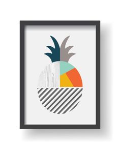 a framed poster with a pineapple in the center and stripes around it, against a white background