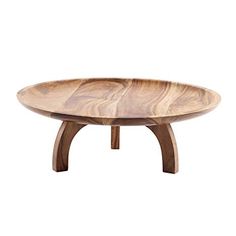 an oval wooden table with two legs and a wood base, on a white background