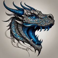 the head of a dragon with blue eyes