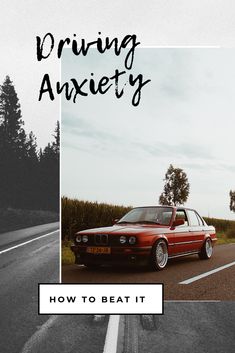 a red car parked on the side of a road next to an empty road and trees