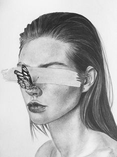 a pencil drawing of a woman with a butterfly on her nose and blindfold over her eyes