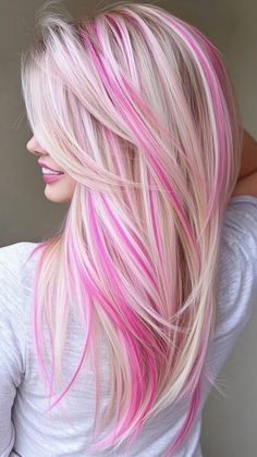 Blond Hair Pink Streaks, Pink Hair For Kids, Pink Hair Ideas For Blondes, Blonde With Pink Peekaboo, Blonde With Pink Hair, Bright Color Highlights, Pink Highlights In Blonde Hair, Pink And Blonde Hair, Pearl Highlights