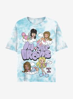 Ready for the slumber party of the century? This Bratz tee will get you in the sleepover vibes  featuring your favorite Bratz girls with clouds in the background and "In your dreams" printed at the center.Please note: Wash pattern may vary.Please note: Style runs large  size down for a tighter fit.100% cottonWash cold; dry lowImportedListed in junior sizes Bratz Graphic Tee, Bratz Shirt, Bratz Slumber Party, Sleepover Vibes, Kawaii Tops, The Sleepover, Cutesy Outfit, Tie Dye Girl, Bratz Girls