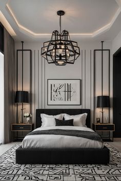 a modern bedroom with black and white decor, chandelier and rugs on the floor