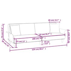 a drawing of a couch with measurements for the seat and back end, as shown in purple