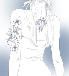 a drawing of a woman with flowers in her hair and tattoos on her arm, wearing a white dress