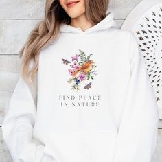 Botanical Bird Hoodie - Peace in Nature Hoodie - Nature Hoodie Bird - Bird Shirt - Bird Sweatshirt with Flowers - Unisex Hooded Sweatshirt Peace In Nature, Bird Hoodie, Nature Hoodie, Appleton Wisconsin, Nature Inspired Fashion