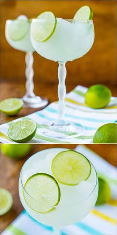 two margaritas in glasses with lime slices on the rim