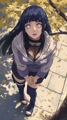 an anime character with long black hair and blue eyes walking down a sidewalk next to trees