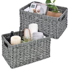 PRICES MAY VARY. Premium Quality - Made from odorless plastic wicker, the appearance is not solid color since it is an imitation natural material. Ample Space - The gray baskets come in a set of 2, and each dimension is 13 x 8 ¼ x 7 inches (L x W x H). The woven baskets may vary 1/4 inch in size due to handmade. Sturdy Structure - The wicker baskets are handcrafted on a metal frame, which is extremely sturdy and durable, suitable for outdoor and indoor use. Multiple Function - Moisture-proof mat Baskets For Bathroom, Organizing Baskets, Baskets For Storage, Baskets For Shelves, Seagrass Storage Baskets, Wicker Shelf, Bathroom Baskets, Plastic Basket, Woven Baskets Storage