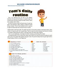 a page with an image of a boy in yellow shirt and text that reads tom's daily routine