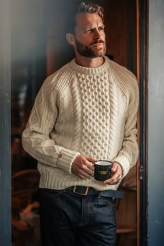 &SONS Clyde Knit Jumper Ecru Classic Style Icons, Crown Affair, Mens Knitwear, Kubler Ross, Knit Sweater Outfit, Work Wear Outfits, Handmade Wardrobe, Stocking Fillers For Her, Cable Knit Jumper