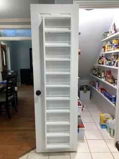 an open pantry door in a small kitchen