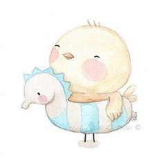 a watercolor painting of a baby bird holding a toy horse on its back,