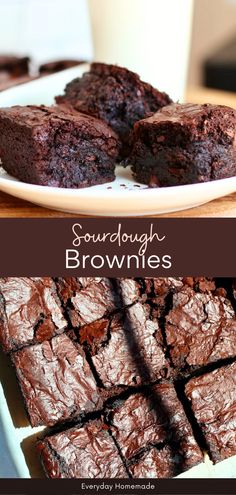 chocolate brownies on a plate with a cup of coffee in the background and text overlay that reads sourdough brownies