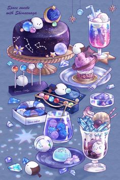 an image of some desserts and drinks on a table with stars in the background