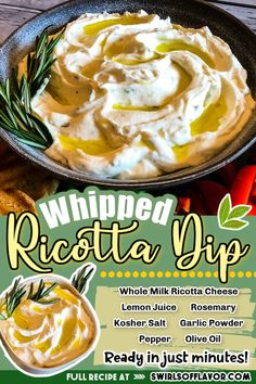 an advertisement for whipped ricota dip with bread and vegetables