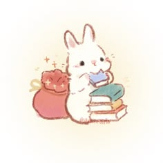 a white rabbit sitting on top of a pile of books next to a teddy bear