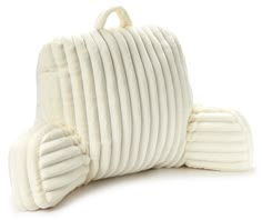 a white purse with pleated edges and handles on the bottom is folded up to show its inner linings