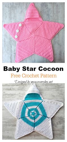 two crocheted stars with the words baby star cocoon written in blue and pink