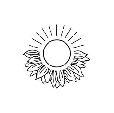 a black and white drawing of a sunflower with rays coming out of the center