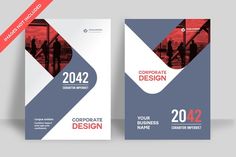 two sided business brochure templates with red and blue shapes on the cover