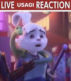 an animated rabbit holding a baseball bat with the caption live usa reaction on it