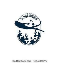 the scuba diving logo is designed in blue and white with an image of a person swimming