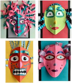 four different masks made out of paper with faces and hair on them, all in different colors