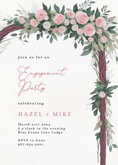 a wedding card with pink flowers and greenery on the front, in watercolor