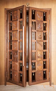 a wooden room divider with many compartments