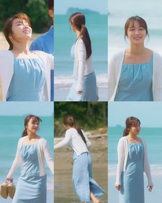 four different pictures of a woman in blue dress on the beach with her eyes closed