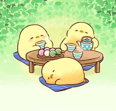 two little chicks sitting at a table with food and drinks in front of them,