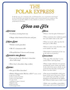 the polar express food and fun menu is shown in blue, with gold lettering on it