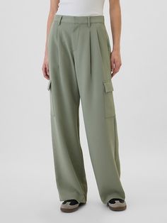 Smooth crepe weave. Elasticized waist at back. Hook and bar closure, zip fly. Front slant pockets, welt pockets at back. Pleated at front. #875732 Cargo Trousers, Wide Leg Trousers, Welt Pockets, New Woman, Welt Pocket, Casual Pants, Gap, Wide Leg, High Rise