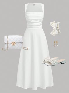 Blanco  Collar sin mangas Tela tejida Liso A l�ínea Embellished Elástico Ligero White Spring Dress Classy, Elegant White Dresses Formal, Simple White Dress Long, White Teen Dress, White Dresses For Confirmation, White Dress For Confirmation, White Shein Dress, Confirmation Dresses For Teens Catholic, Dresses For 13 Year Girl