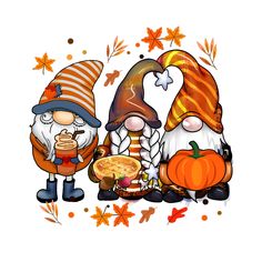 two gnomes are standing next to each other with pumpkins and leaves around them