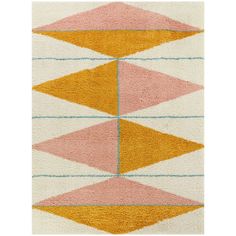 an area rug with different colors and shapes on the floor, including pink, orange, yellow and white