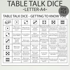 a printable table talk sheet with dices on it and the words,'tablet talk