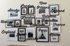 a bunch of pictures hanging on the wall with words written in english and french below them