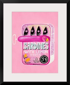 Fine Art Print, Martin Black Frame entitled Sardines Tin Can Pink.  Multiple sizes available.  Primary colors within this image include Hot Pink, Orange, Fuchsia, Black.  Made in the USA.  Satisfaction guaranteed.  Inks used are latex-based and designed to last. Sardine Can, Pink Framed Art, Framed Art Wall, Modern Framed Art, Pink Frames, Yellow Art, Pink Wall Art, Natural Wood Frames, Tin Can