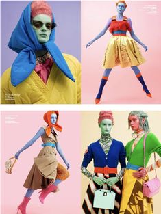 four different images of mannequins wearing clothes and accessories, one in orange, the other in blue