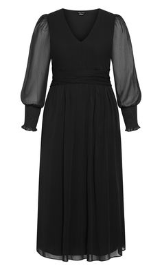 The elegant flow of our Selena Maxi Dress brings a style that cannot be beaten. Designed with sheer balloon length sleeves for a touch of drama, shirred back waistline and a maxi length hem, this dress has it all! Key Features Include: - V-neckline - Sheer balloon length sleeves - Shirred cuff detail - Shirred back waistline - Front waist detail - Lined - Maxi length Be bold with gem accessories to pair with this dress. | Plus Size Selena Maxi Dress in Black, Size 16 | City Chic Long Sleeve Chiffon Maxi Dress, Denim Jeans Fashion, Plus Size Maxi, Lingerie Dress, Chiffon Long Sleeve, Chiffon Maxi, Chiffon Maxi Dress, Plus Size Maxi Dresses, Draped Dress