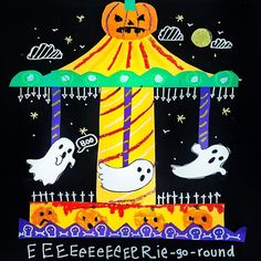 a drawing of a carousel with ghost on it and pumpkins in the sky above