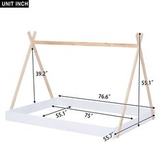 a wooden swing frame with measurements for the top and bottom part, including two legs